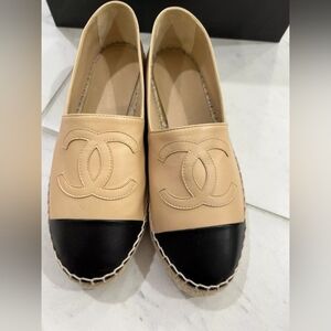 CHANEL Beige & Black Lambskin Espadrilles